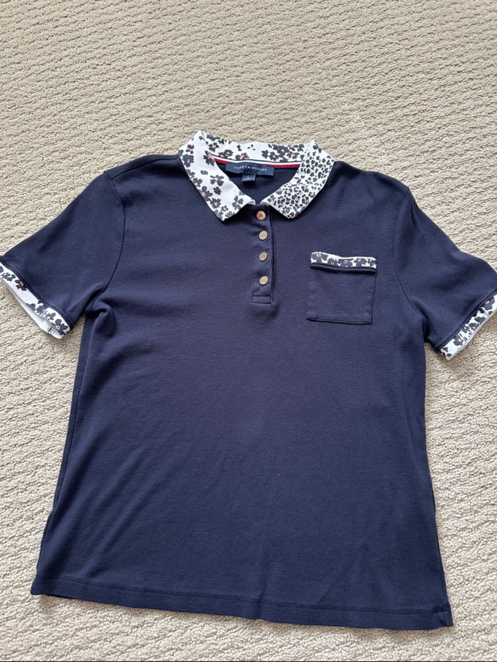 Tommy Hilfiger Navy Polo with Floral-Trim Collar